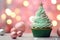 Christmas cupcake with cream, green whipped cream on pink background. Generative AI