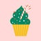 Christmas cupcake with cute sprinkles decoration. Traditional family xmas sweet treat with candy cane.