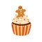 Christmas cupcake. Sweet Xmas food with cream, sprinkle and gingerbread man decoration. Festive New Year dessert. Winter