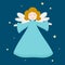 Christmas cute angel. Blue angel figure isolated on dark blue background with stars. Portrait view of flying angelic character in