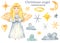 Christmas cute angel girls watercolor clipart, nimbus, stars, clouds, heart, crescent, snowflakes