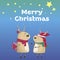 Christmas cute deer's. Isolated on blue gradient background. Hand drawn Christmas illustration. Greeting card animal winter