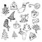 Christmas cute doodle set with Christmas trees, mouse with heart, socks, cups, sweets, warm hat, letters Santa.