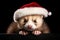 Christmas cute funny ferret in red Santa hat