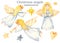 Christmas cute girls angels watercolor clipart hand painted, star of Bethlehem, yellow anf blue stars, heart