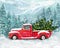 Christmas cute greeting illustration. Red pickup truck with a Christmas tree in the back against a background of forest, mountains