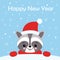 Christmas cute raccoon vector illustration. Raccoons head with santa hat