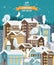 Christmas cute snow night town with city roads, cars and cute houses. Happy New Year vector template in modern flat design.