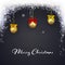 Christmas dark background with magic lights. Holiday glowing glitter background with falling snow. Christmas balls with bows.