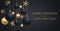 Christmas dark blue background with Christmas balls and golden snowflakes. Happy New Year decoration. Elegant Xmas banner or