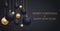 Christmas dark blue background with Christmas golden and blue balls. Happy New Year decoration. Elegant Xmas banner or poster.