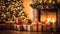 Christmas Day, Christmas presents on wooden table decorated fir tree and fire place, copy space background. Generate Ai