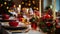 Christmas day dinner table setting. Christmas festive meal with red decorations