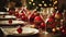 Christmas day dinner table setting. Christmas festive meal with red decorations