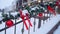 Christmas decor on the railing. Entrance to a house or cafe