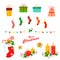Christmas decor set with socks, lanterns, gifts, candles, holly leaves and cookies