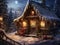 Christmas decorated cottage in winter snowy landscape
