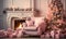 Christmas decorated fireplace in pink color. Pinkmas concept