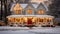 Christmas-decorated house in suburban USA in snow