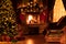 Christmas decorated interior with fireplace, armchair, window and tree