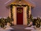 Christmas decorated porch with little trees and lanterns. 3d rendering