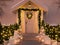 Christmas decorated porch with little trees and lanterns. 3d rendering