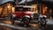 Christmas Decorated Shops with a Classic Vintage Car Parked Outside. Generative AI