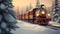 Christmas decorated train in a winter forest covered with snow in sunset backlight.