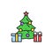 Christmas decorated tree with gifts color line icon. Glowing lights. Editable stroke