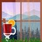 Christmas decorated window with hot mulled wine. Winter landscape with silhouettes of mountains and forest. Vector