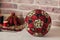 Christmas decoration ball sewn from pieces of fabrics, sewing accessories, traditional patchwork