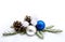 Christmas decoration. Blue and white balls, cones branch christmas tree on snow with space for text