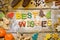 Christmas decoration and cookie letters on wooden table, best wi