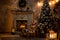 Christmas decoration in cozy house loft, fireplace Christmas tree guitar chair decoration toy boxes rug, candles, lantern candle