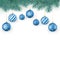 Christmas decoration elements isolated on white. Fir twigs and blue Christmas balls with snowflakes ornament. Xmas baubles. Vector