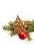 Christmas Decoration (fir branch,christmas ball,gold star) isolated on a white background