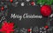 Christmas decoration with fir tree, holly berry, Poincettia, Christmas red ball on black chalkboard