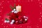 Christmas decoration. Flower of red poinsettia, branch christmas tree, ball, candle, red berries, snow on a red background