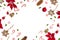 Christmas decoration. Flower of red poinsettia, christmas tree, christmas balls, gingerbread, candy canes and cones on a white