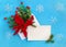 Christmas decoration. Flower of red poinsettia, twigs christmas tree, ball, red berries in postal envelope and blank sheet