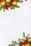 Christmas decoration. Frame of twigs christmas tree, christmas yellow balls and red berries on snow with space for text. Top view