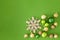 Christmas decoration golden green glass balls background