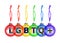 Christmas decoration hanging glass balls LGBTQ community rainbow flag color white background isolated closeup, LGBTQ+ letters
