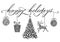 Christmas decoration: happy holidays lettering, tree, reindeer, Christmas ball, gift. Line ornate drawing.