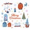 Christmas decoration items illustrations card. New Year warm cosy home celebration cartoon drawings background. Gifts