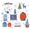 Christmas decoration items illustrations set. New Year warm cosy home celebration cartoon drawings. Gifts and candles