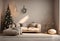 Christmas decoration and new year tree in scandinvian styled living rooom interior.