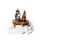 Christmas decoration in old vintage style with wicker  basket, silver dog, pyramid and snow