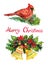 Christmas decoration with pine tree branches, berries, bells, holly, Cardinal bird and handwritten Merry Christmas