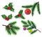 Christmas decoration. Realistic fir tree branches and red berries, holly leaves and christmas bauble. Winter holiday